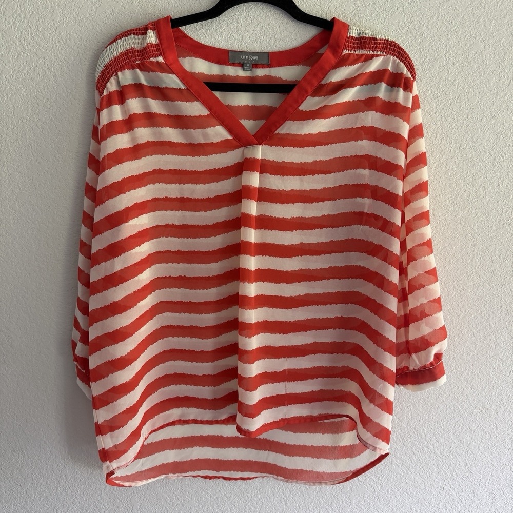 Umgee Orange & White Sheer Striped Long Sleeve Top Size M